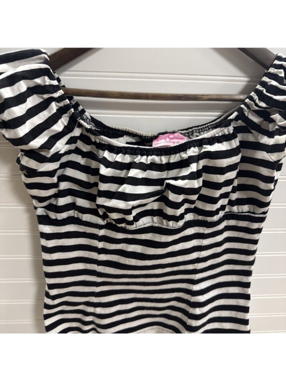Pinup Girl Clothing PUG Pinup Couture Womens Striped Black White Peasant Top L - Picture 2 of 5